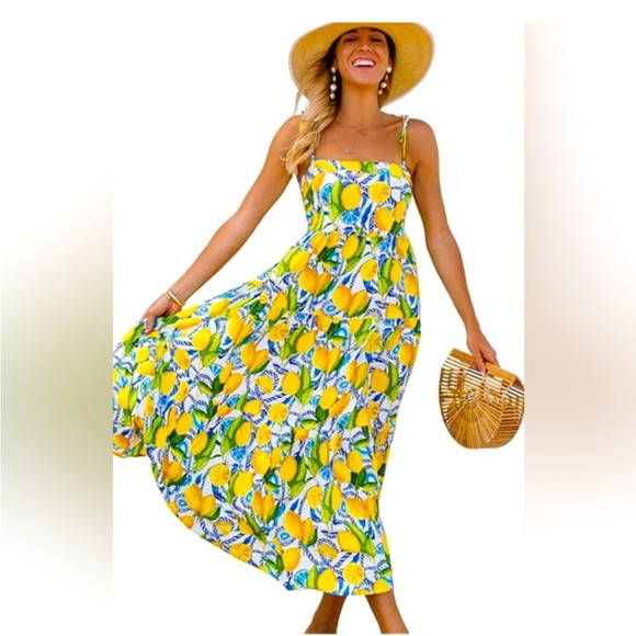 Kenny Flowers The Positano Resort Dress Lemon Print tie tank maxi sundress NWT - Picture 3 of 12